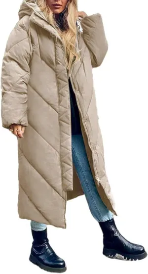 Flygo Womens Long Puffer Coat Long Sleeve Padded Winter Down Coats Hooded Parka Jacket