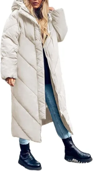 Flygo Womens Long Puffer Coat Long Sleeve Padded Winter Down Coats Hooded Parka Jacket