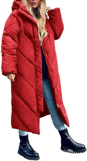 Flygo Womens Long Puffer Coat Long Sleeve Padded Winter Down Coats Hooded Parka Jacket