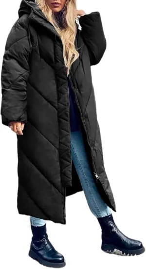 Flygo Womens Long Puffer Coat Long Sleeve Padded Winter Down Coats Hooded Parka Jacket