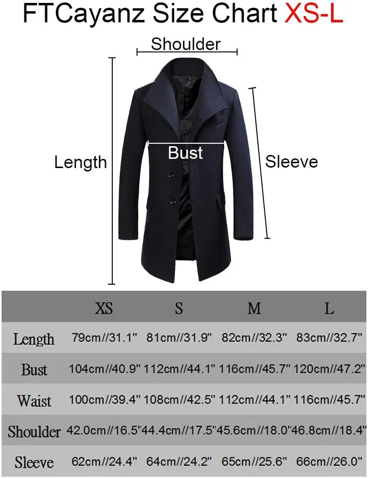 FTCayanz Men's Wool Trench Coat Winter Slim Fit Business Top Coat Single Breasted Overcoat