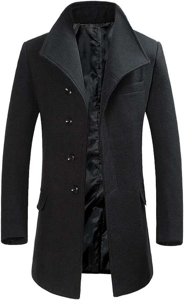 FTCayanz Men's Wool Trench Coat Winter Slim Fit Business Top Coat Single Breasted Overcoat
