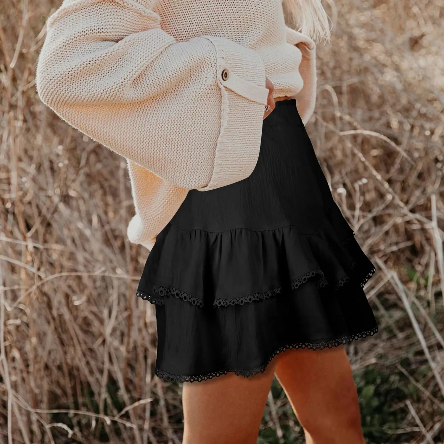 GOOBGS Flowy Shorts for Women High Waisted Lace Skort Trim Trendy Crochet Skirt Tennis Crochet Short