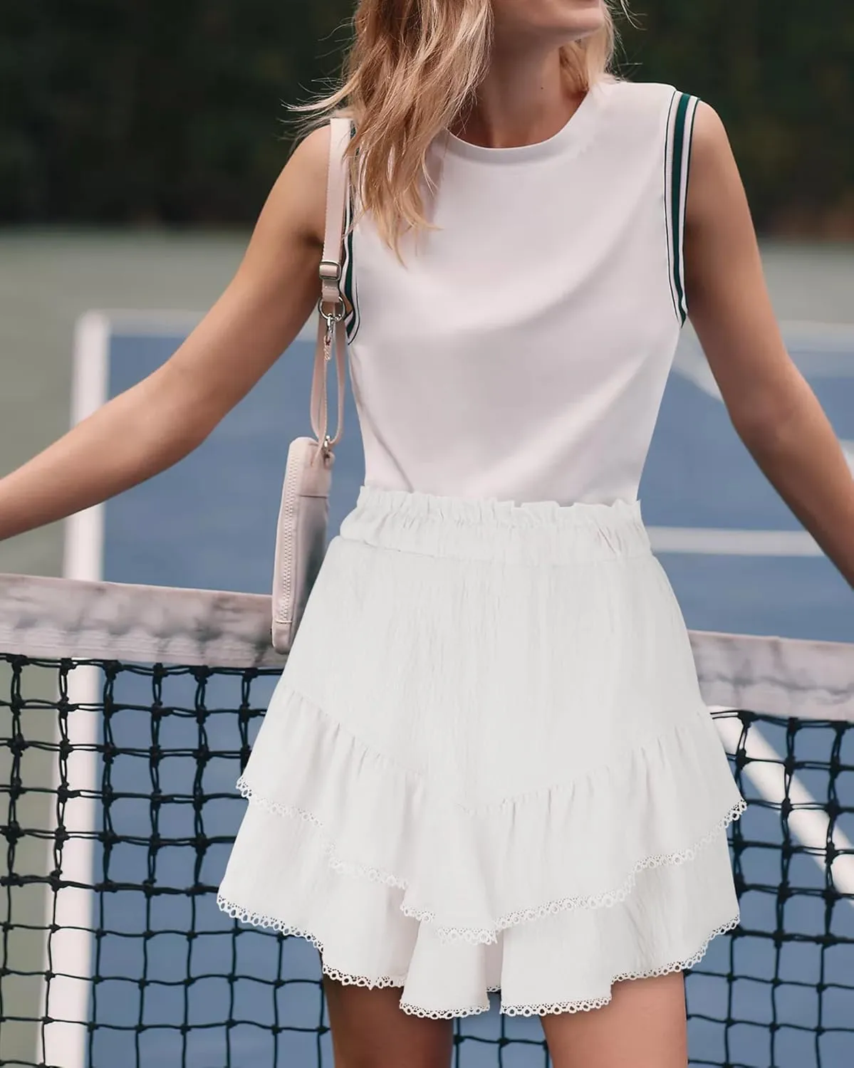 GOOBGS Flowy Shorts for Women High Waisted Lace Skort Trim Trendy Crochet Skirt Tennis Crochet Short