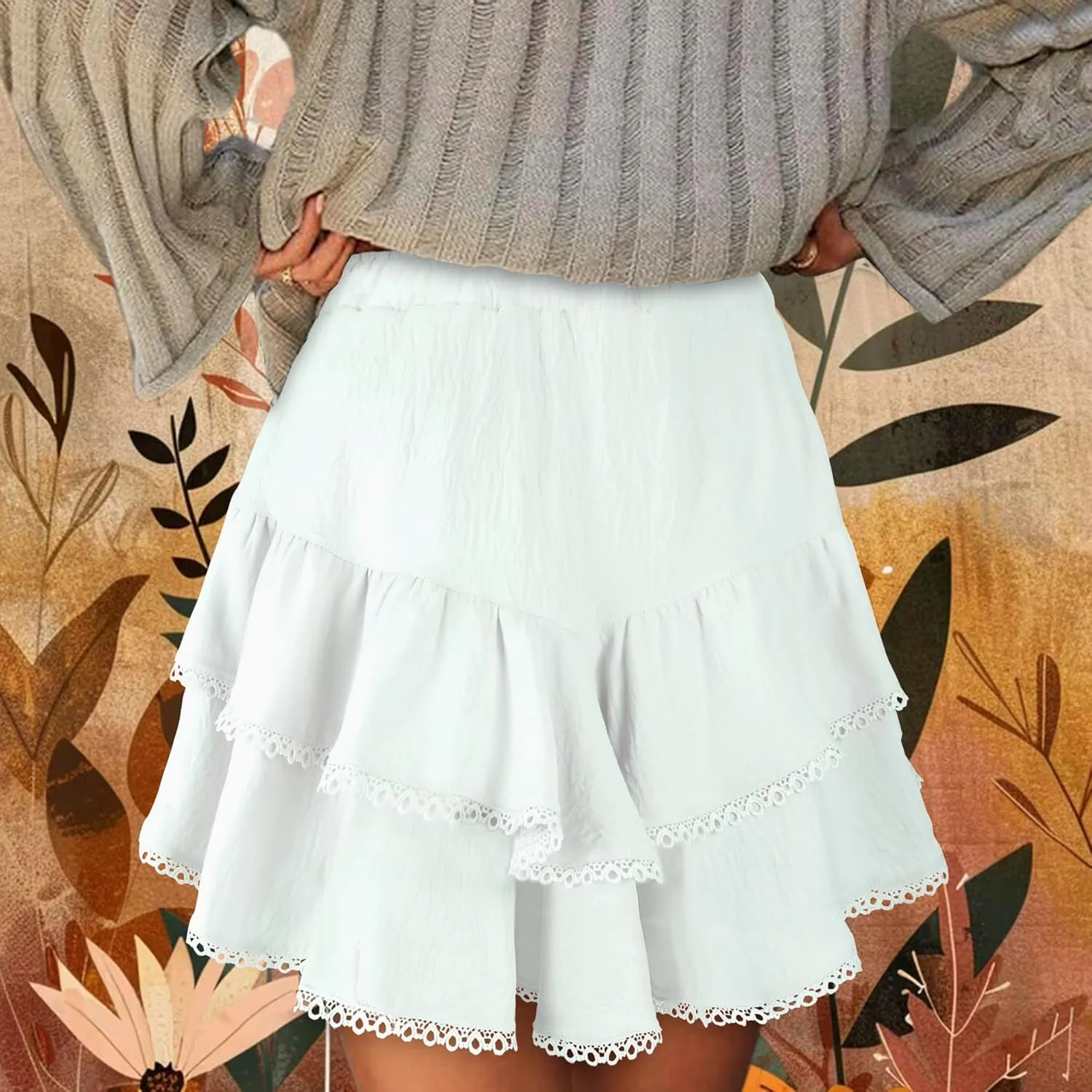 GOOBGS Flowy Shorts for Women High Waisted Lace Skort Trim Trendy Crochet Skirt Tennis Crochet Short