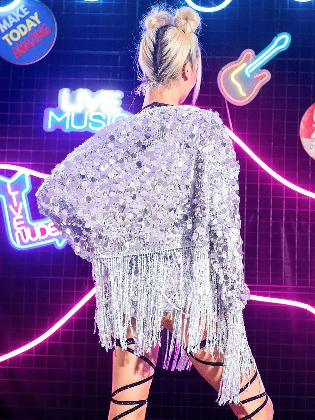GORAIS Women Sequin Jacket Long Sleeve Casual Fringed Jackets Open Front Sparkly Blazer Coat for Party