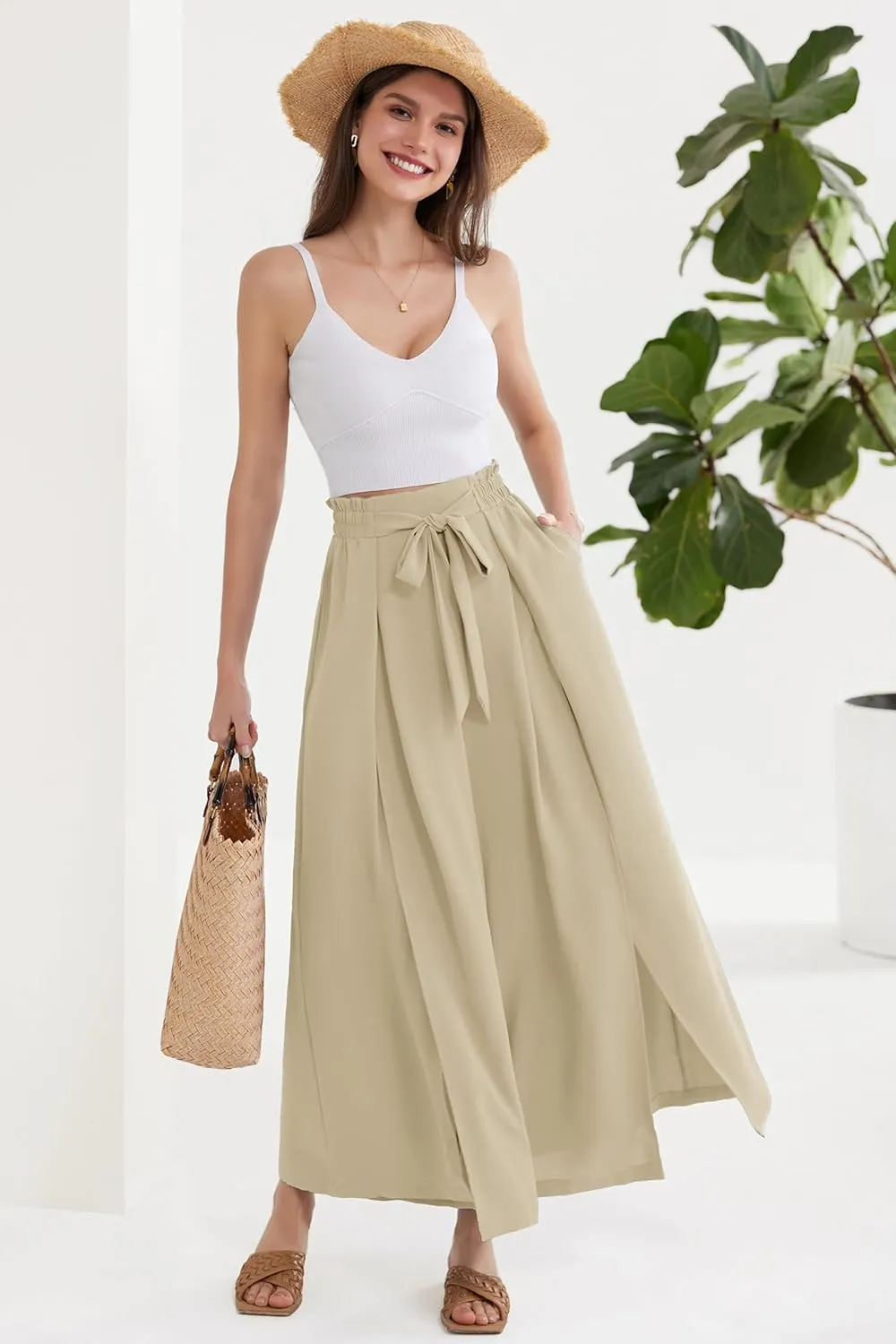 GRACE KARIN Women's Wide Leg Pants with Pockets Lightweight High Waisted Tie Knot Caual Loose Split Flowy Palazzo Trousers