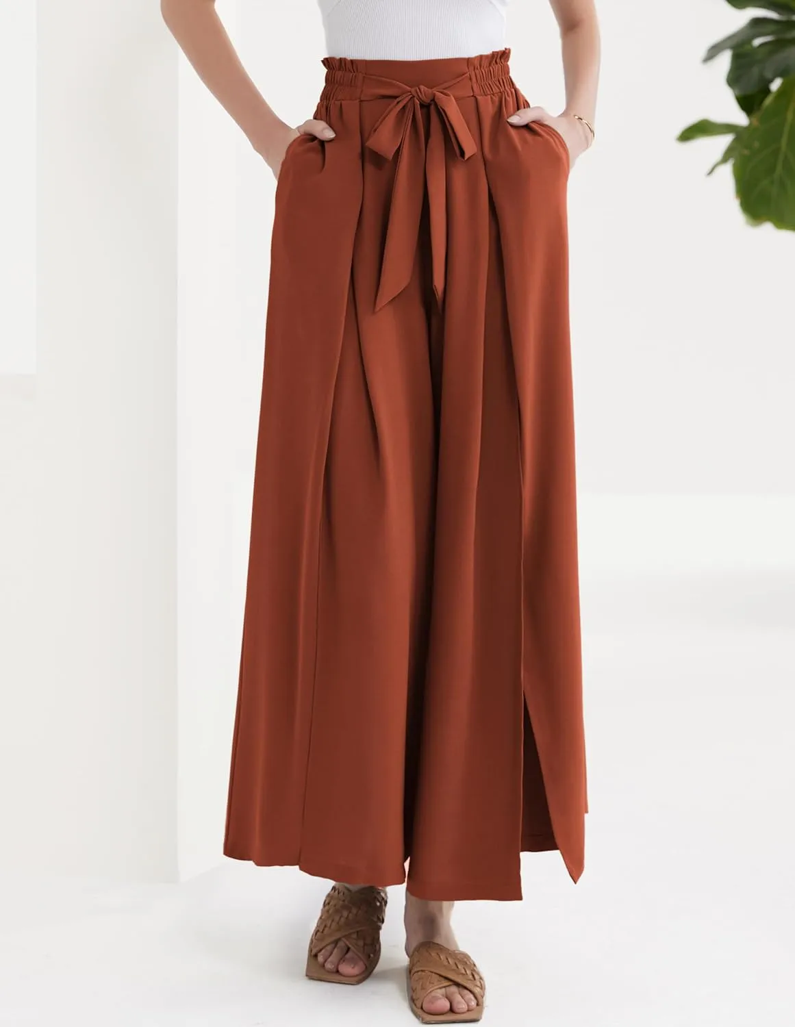 GRACE KARIN Women's Wide Leg Pants with Pockets Lightweight High Waisted Tie Knot Caual Loose Split Flowy Palazzo Trousers