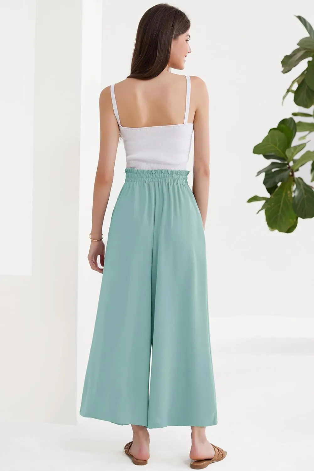 GRACE KARIN Women's Wide Leg Pants with Pockets Lightweight High Waisted Tie Knot Caual Loose Split Flowy Palazzo Trousers