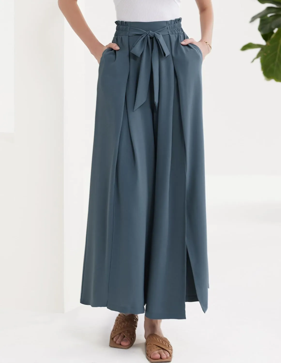 GRACE KARIN Women's Wide Leg Pants with Pockets Lightweight High Waisted Tie Knot Caual Loose Split Flowy Palazzo Trousers