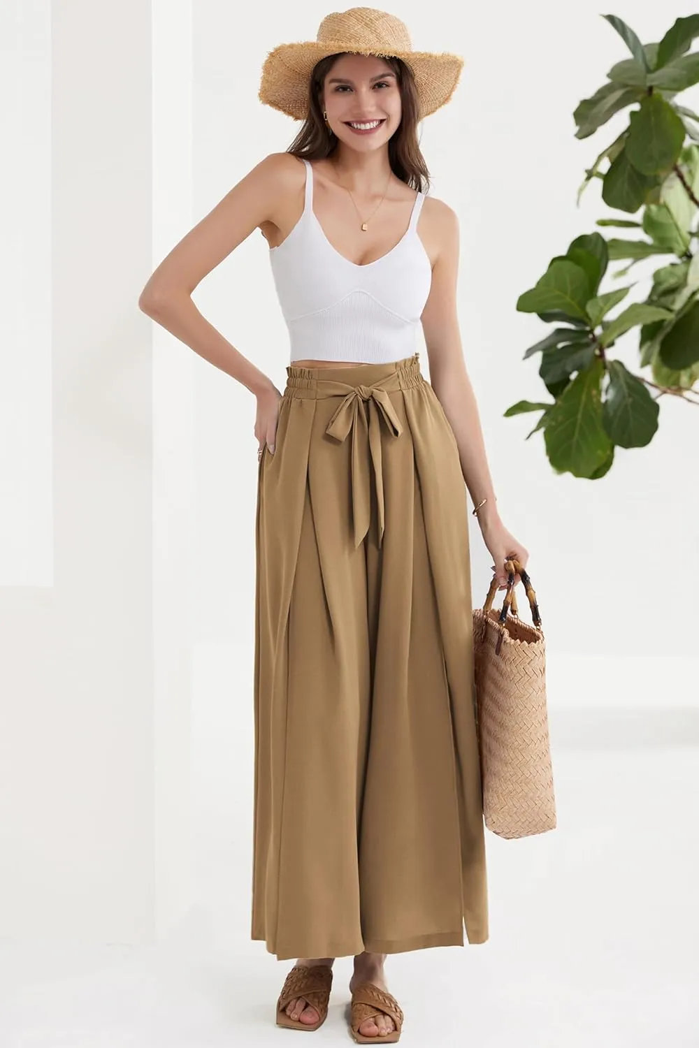 GRACE KARIN Women's Wide Leg Pants with Pockets Lightweight High Waisted Tie Knot Caual Loose Split Flowy Palazzo Trousers