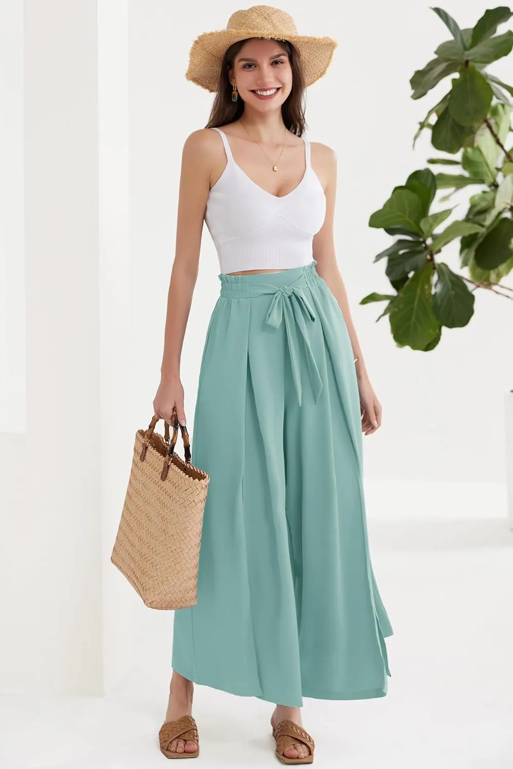 GRACE KARIN Women's Wide Leg Pants with Pockets Lightweight High Waisted Tie Knot Caual Loose Split Flowy Palazzo Trousers