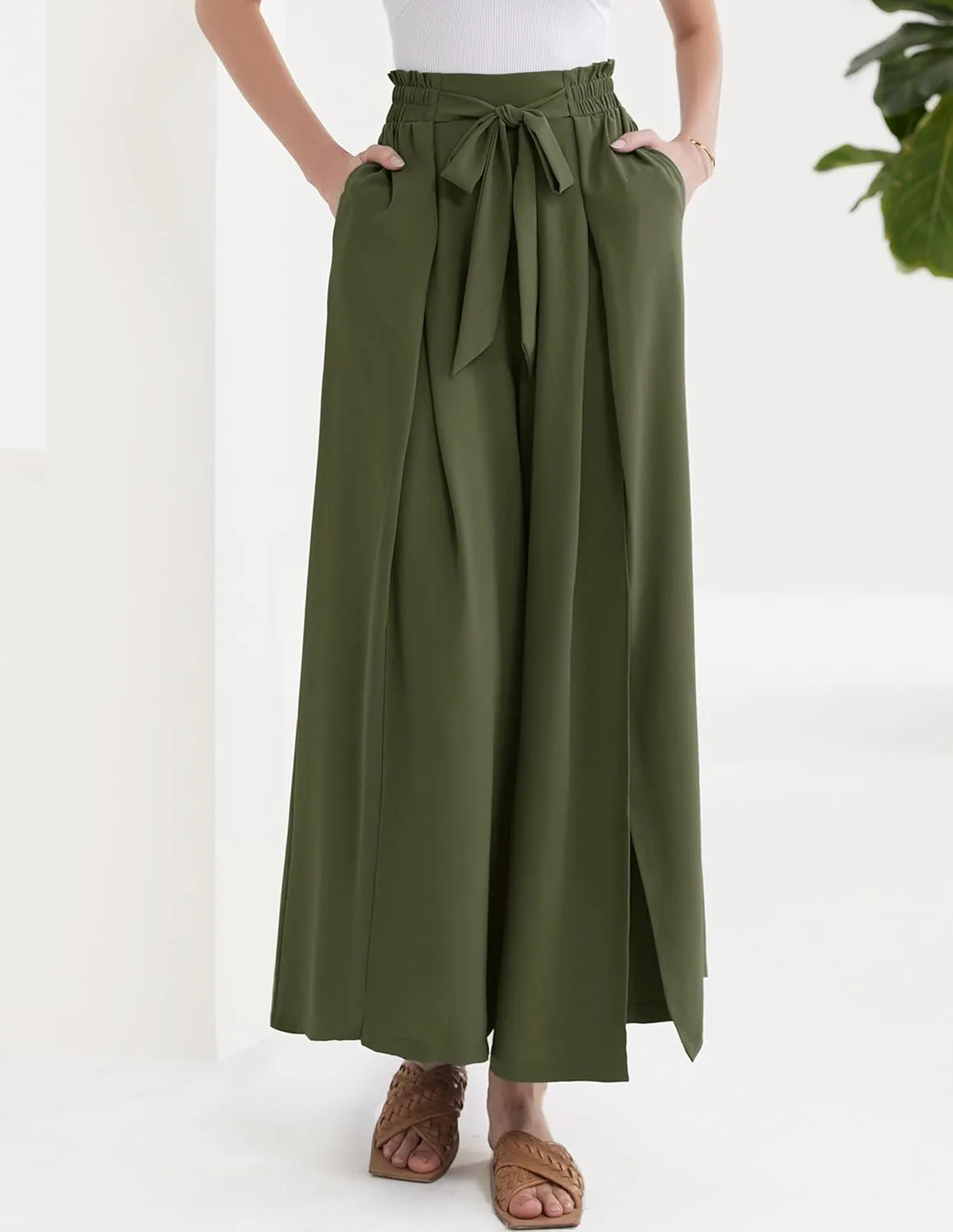 GRACE KARIN Women's Wide Leg Pants with Pockets Lightweight High Waisted Tie Knot Caual Loose Split Flowy Palazzo Trousers