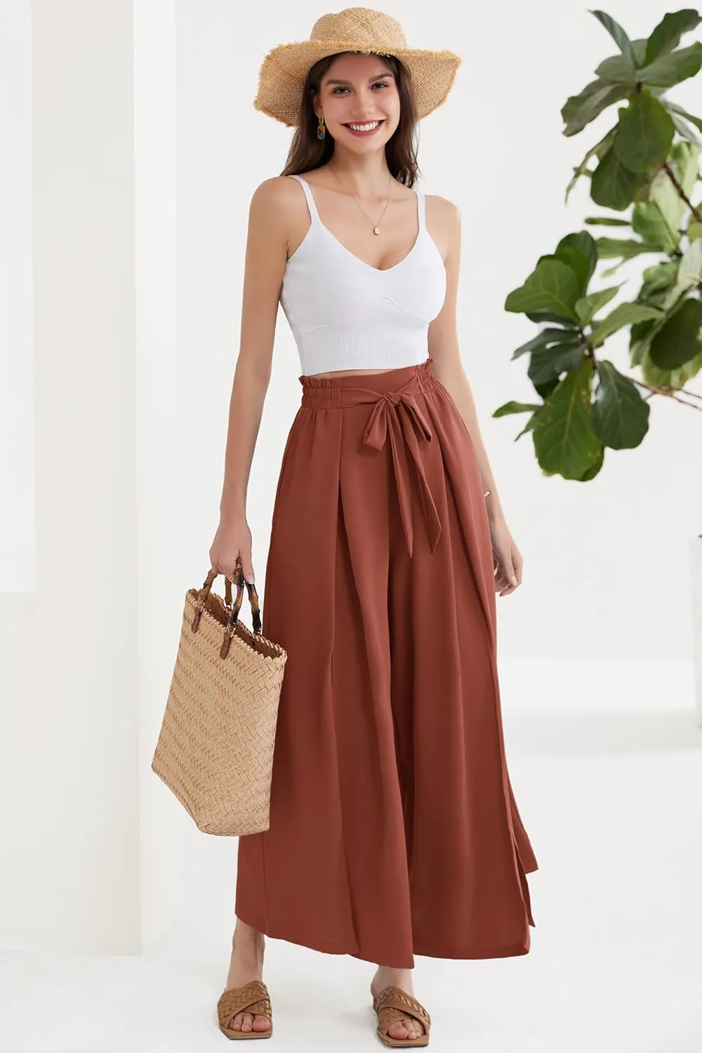 GRACE KARIN Women's Wide Leg Pants with Pockets Lightweight High Waisted Tie Knot Caual Loose Split Flowy Palazzo Trousers