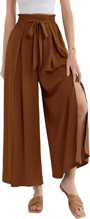 GRACE KARIN Women's Wide Leg Pants with Pockets Lightweight High Waisted Tie Knot Caual Loose Split Flowy Palazzo Trousers