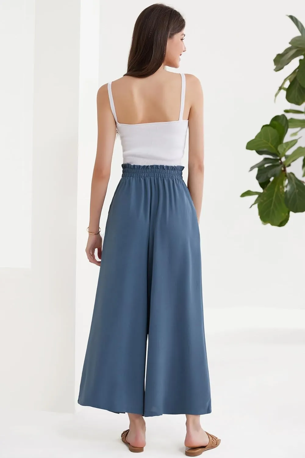 GRACE KARIN Women's Wide Leg Pants with Pockets Lightweight High Waisted Tie Knot Caual Loose Split Flowy Palazzo Trousers