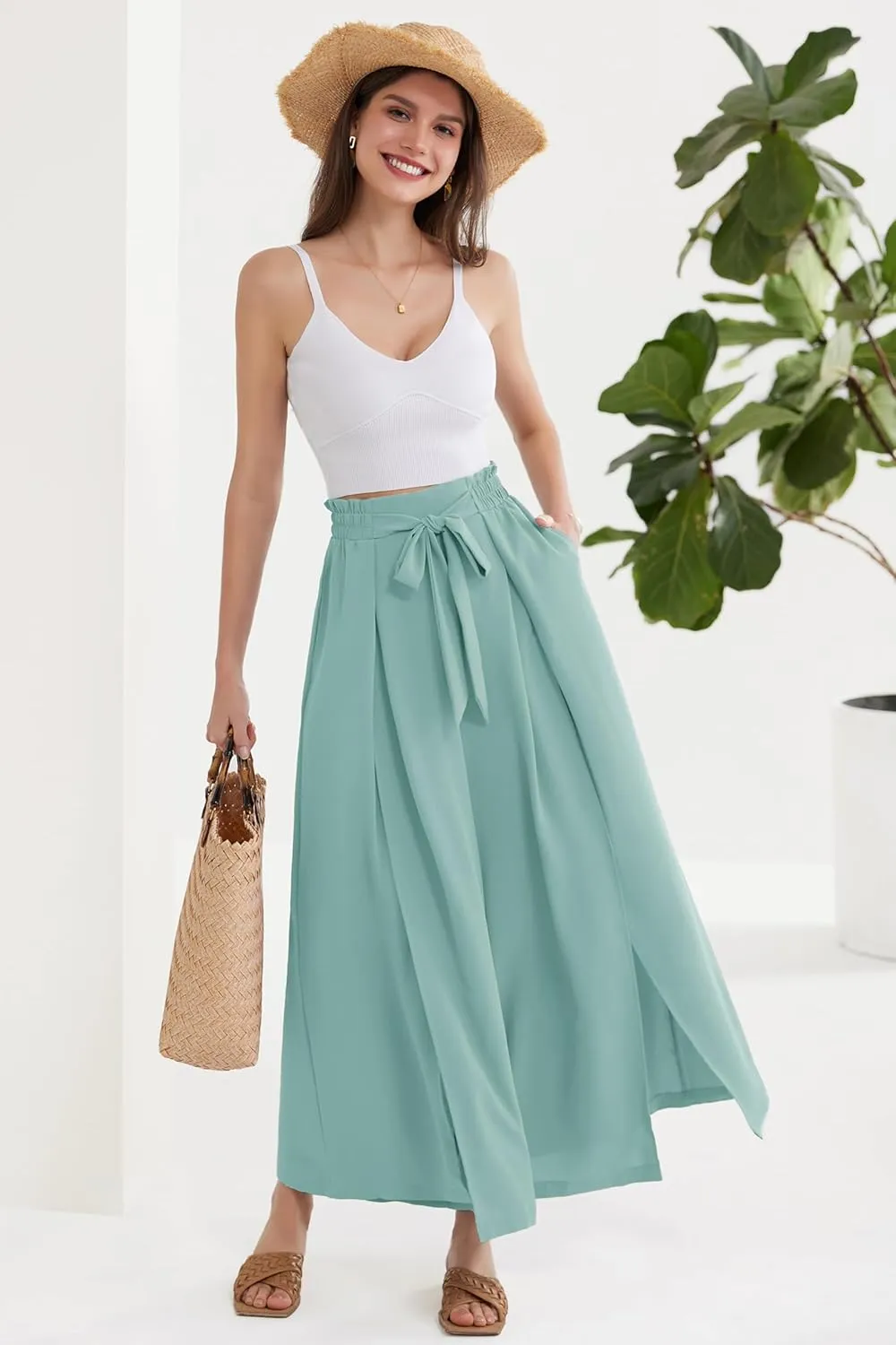 GRACE KARIN Women's Wide Leg Pants with Pockets Lightweight High Waisted Tie Knot Caual Loose Split Flowy Palazzo Trousers