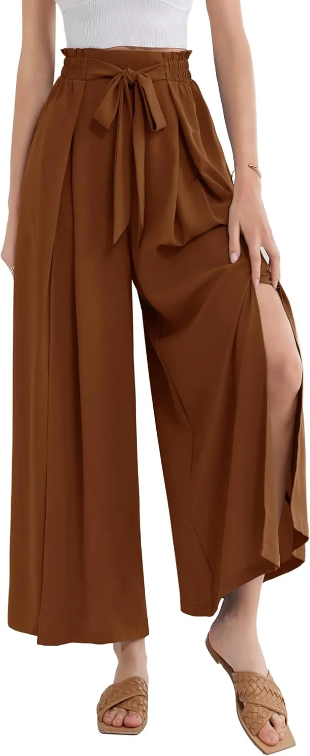 GRACE KARIN Women's Wide Leg Pants with Pockets Lightweight High Waisted Tie Knot Caual Loose Split Flowy Palazzo Trousers