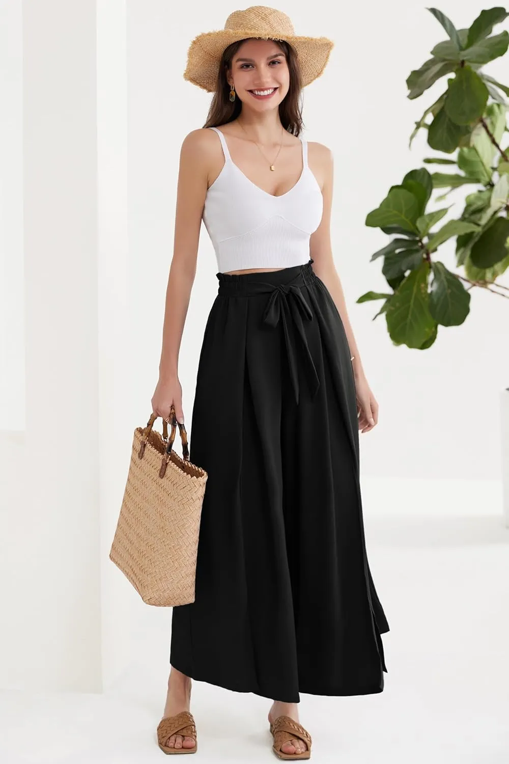 GRACE KARIN Women's Wide Leg Pants with Pockets Lightweight High Waisted Tie Knot Caual Loose Split Flowy Palazzo Trousers
