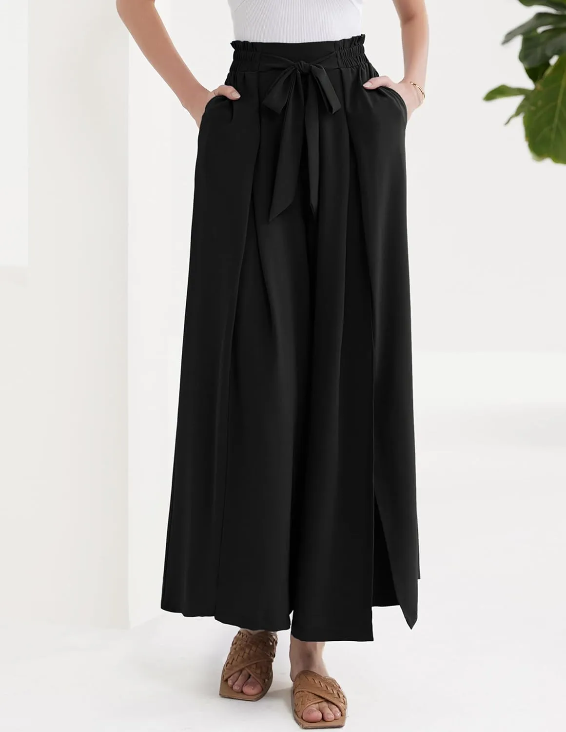 GRACE KARIN Women's Wide Leg Pants with Pockets Lightweight High Waisted Tie Knot Caual Loose Split Flowy Palazzo Trousers