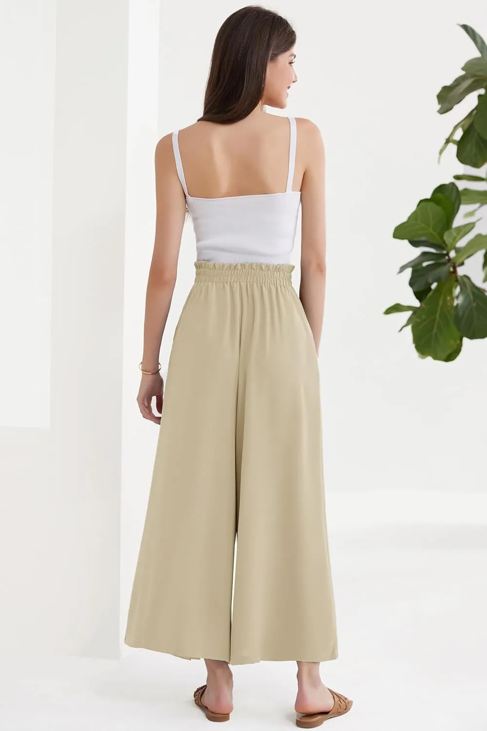 GRACE KARIN Women's Wide Leg Pants with Pockets Lightweight High Waisted Tie Knot Caual Loose Split Flowy Palazzo Trousers