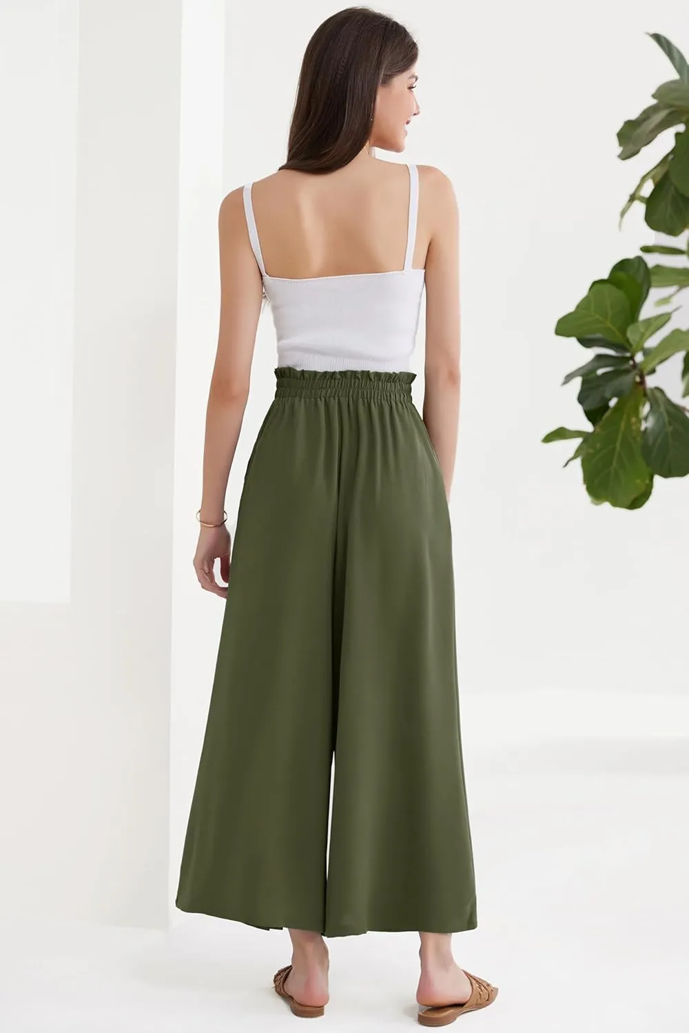 GRACE KARIN Women's Wide Leg Pants with Pockets Lightweight High Waisted Tie Knot Caual Loose Split Flowy Palazzo Trousers