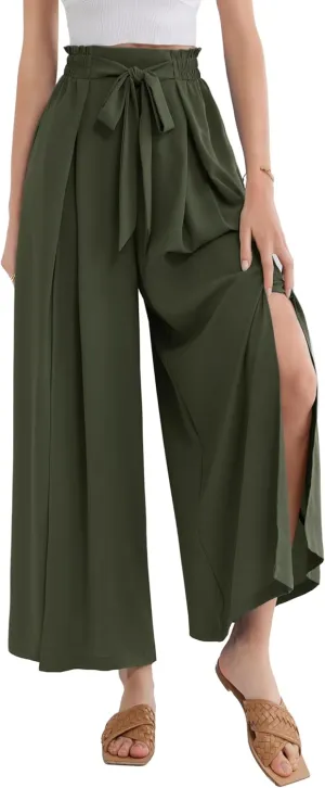 GRACE KARIN Women's Wide Leg Pants with Pockets Lightweight High Waisted Tie Knot Caual Loose Split Flowy Palazzo Trousers