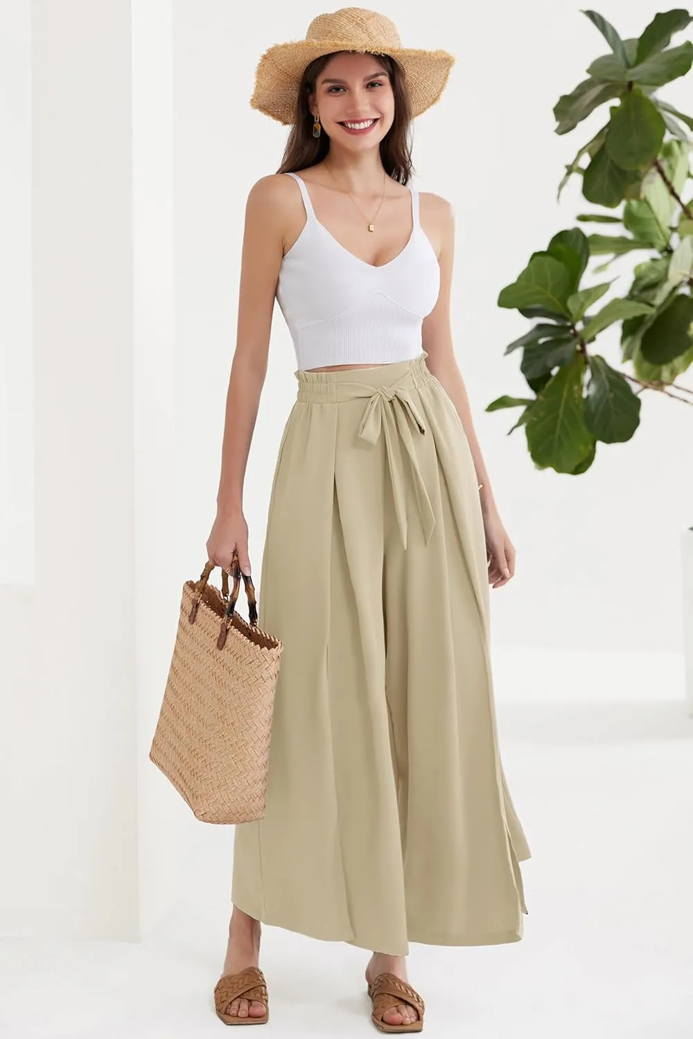 GRACE KARIN Women's Wide Leg Pants with Pockets Lightweight High Waisted Tie Knot Caual Loose Split Flowy Palazzo Trousers