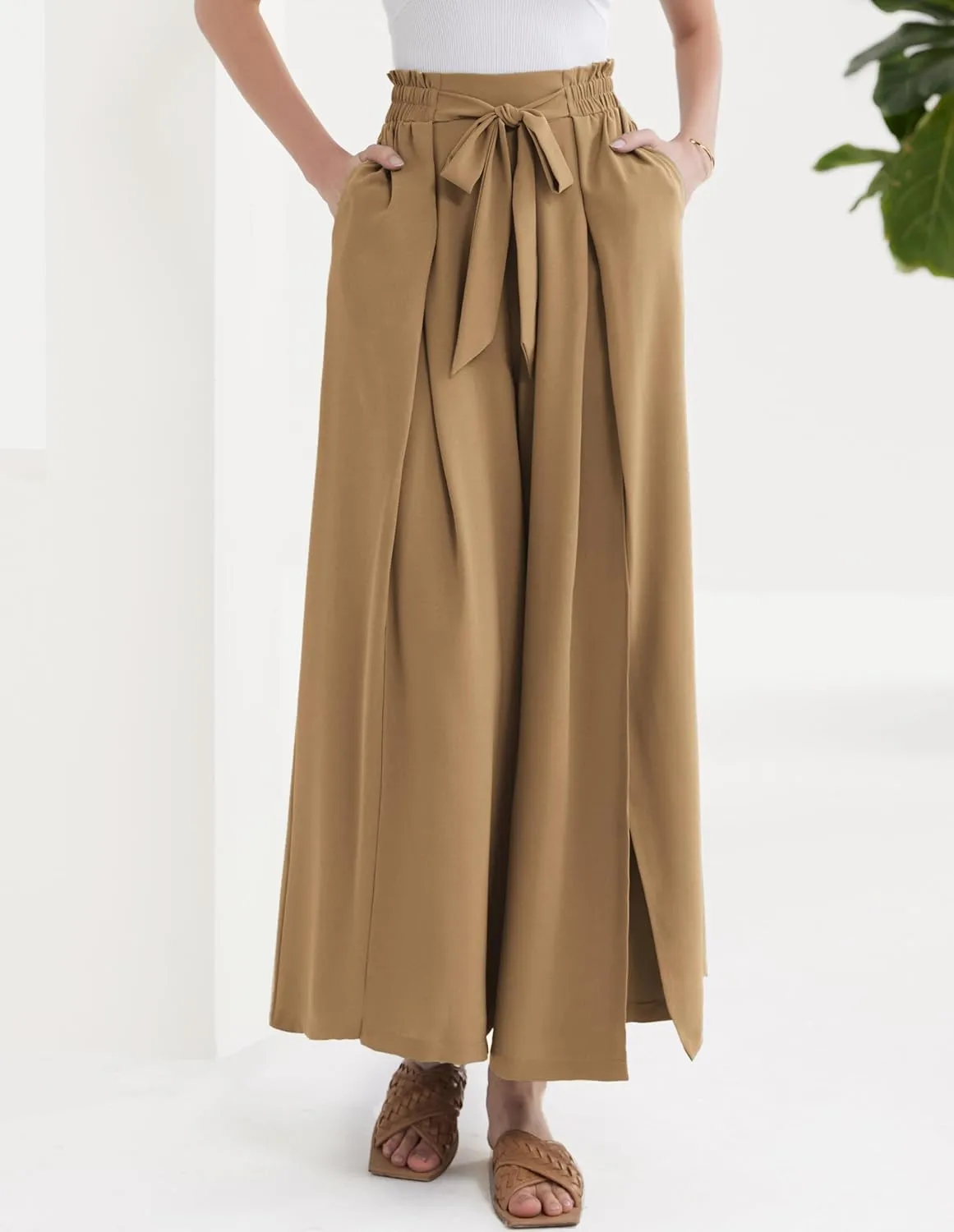 GRACE KARIN Women's Wide Leg Pants with Pockets Lightweight High Waisted Tie Knot Caual Loose Split Flowy Palazzo Trousers