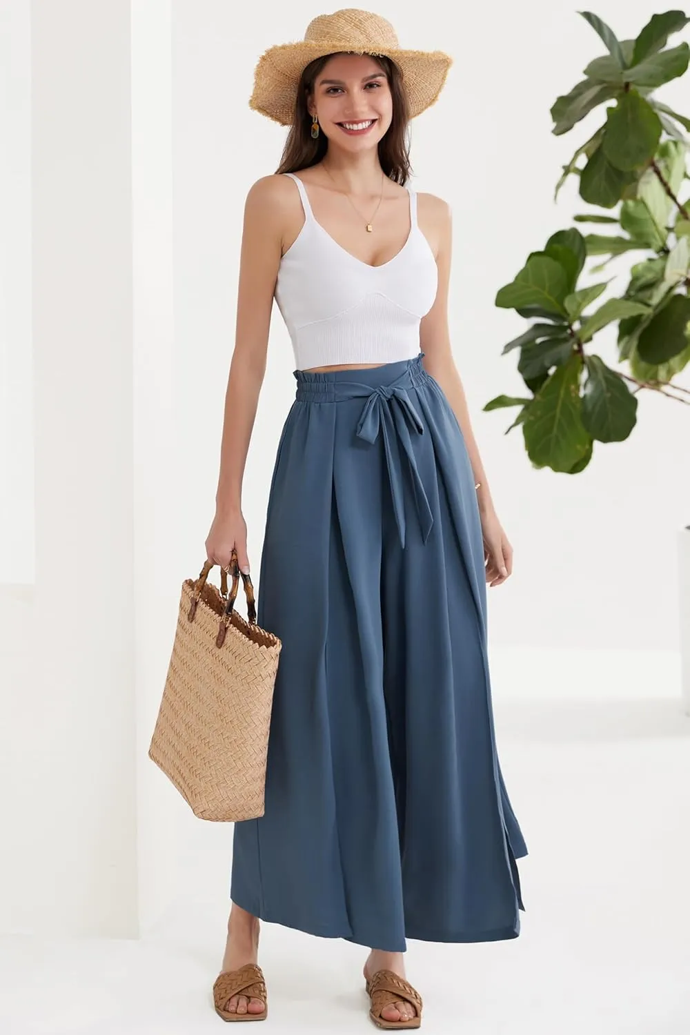 GRACE KARIN Women's Wide Leg Pants with Pockets Lightweight High Waisted Tie Knot Caual Loose Split Flowy Palazzo Trousers