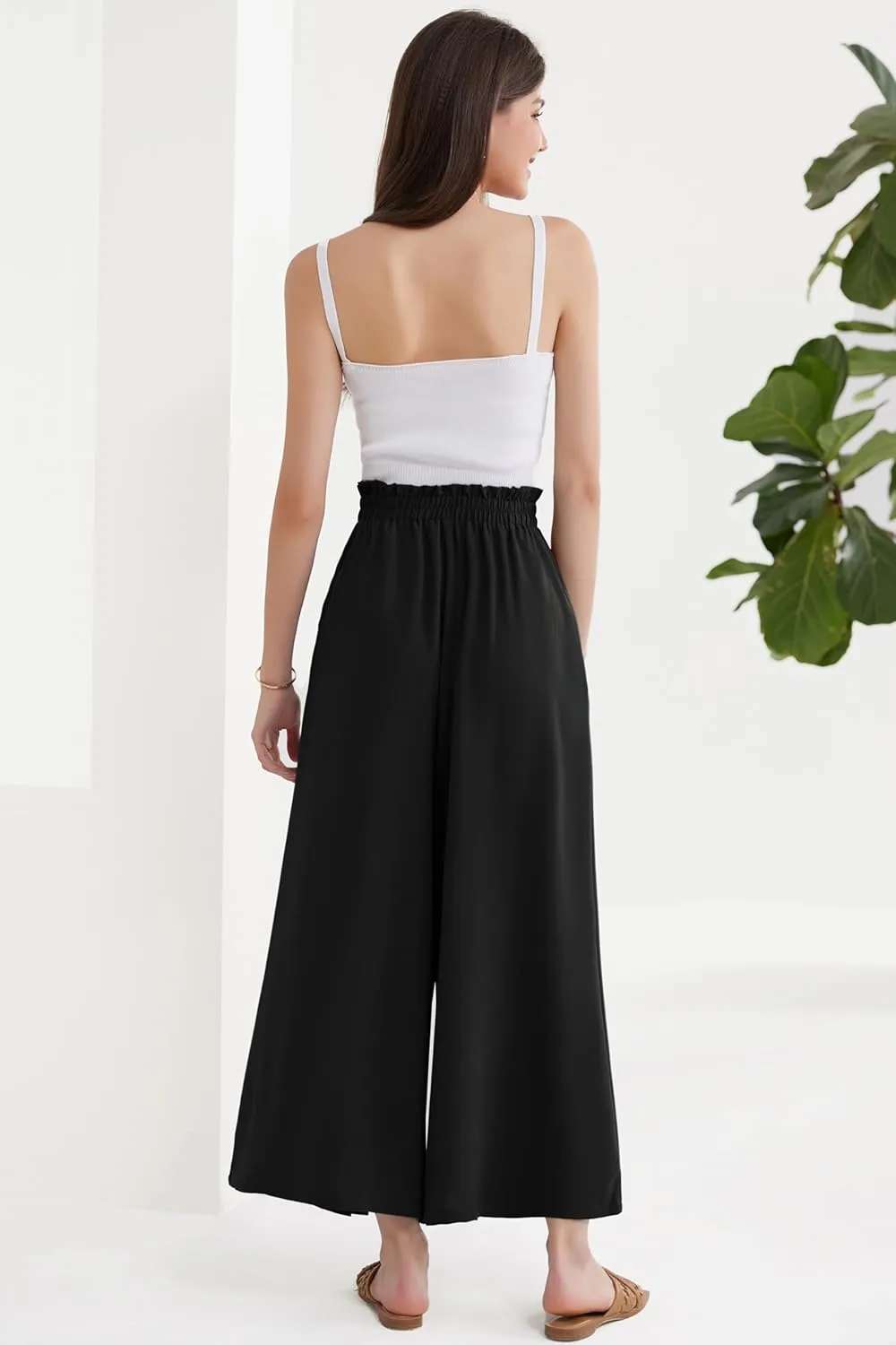 GRACE KARIN Women's Wide Leg Pants with Pockets Lightweight High Waisted Tie Knot Caual Loose Split Flowy Palazzo Trousers