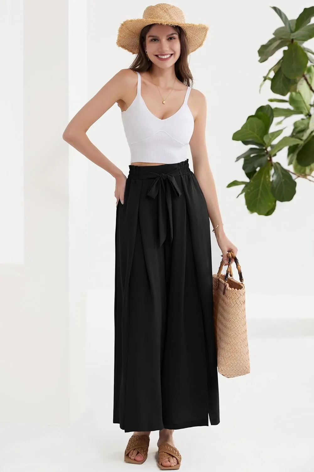 GRACE KARIN Women's Wide Leg Pants with Pockets Lightweight High Waisted Tie Knot Caual Loose Split Flowy Palazzo Trousers
