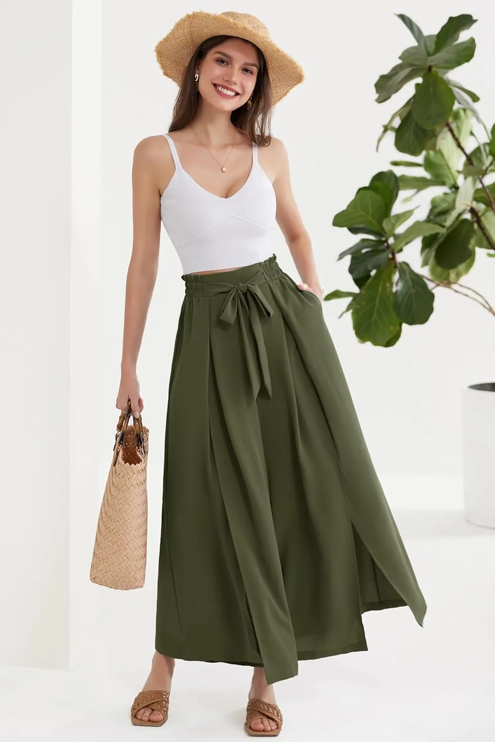 GRACE KARIN Women's Wide Leg Pants with Pockets Lightweight High Waisted Tie Knot Caual Loose Split Flowy Palazzo Trousers
