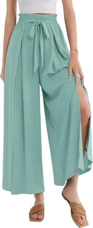 GRACE KARIN Women's Wide Leg Pants with Pockets Lightweight High Waisted Tie Knot Caual Loose Split Flowy Palazzo Trousers