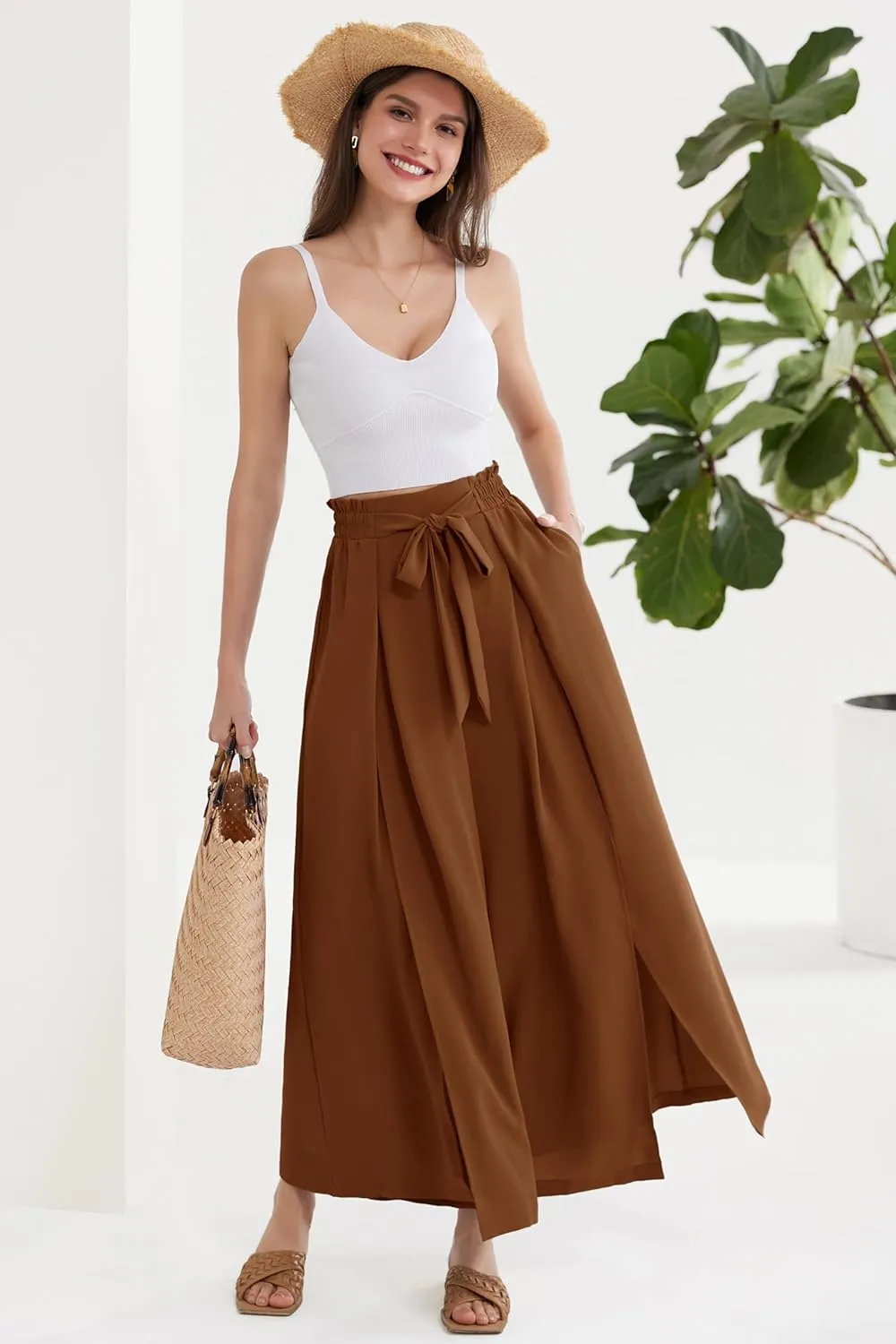 GRACE KARIN Women's Wide Leg Pants with Pockets Lightweight High Waisted Tie Knot Caual Loose Split Flowy Palazzo Trousers