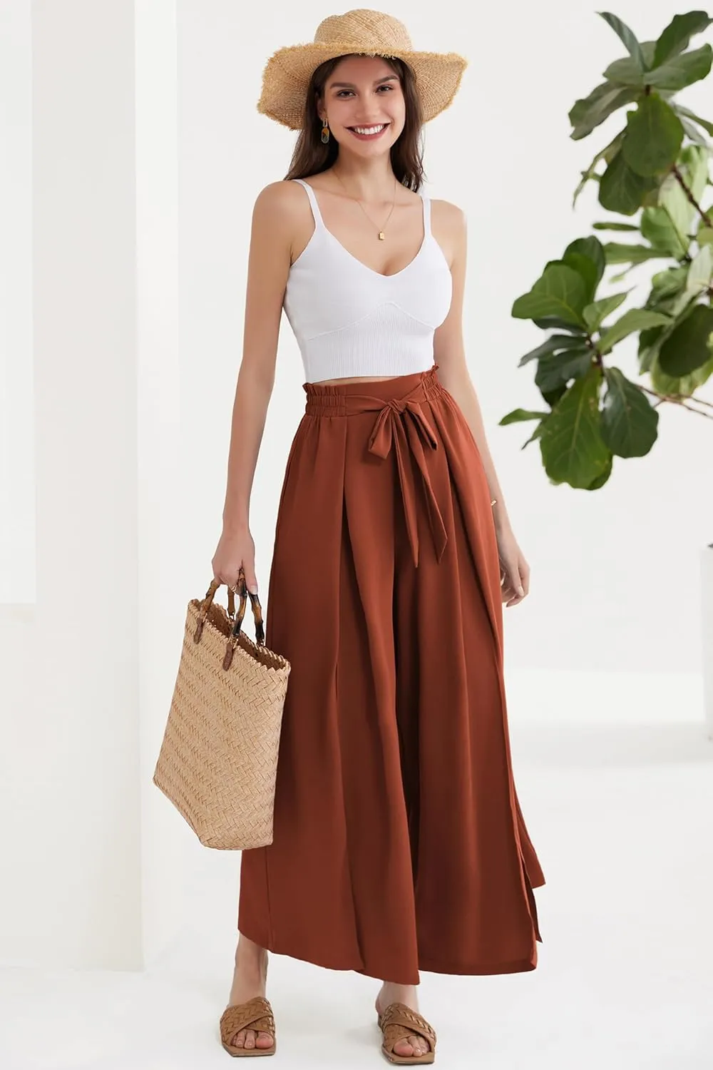 GRACE KARIN Women's Wide Leg Pants with Pockets Lightweight High Waisted Tie Knot Caual Loose Split Flowy Palazzo Trousers