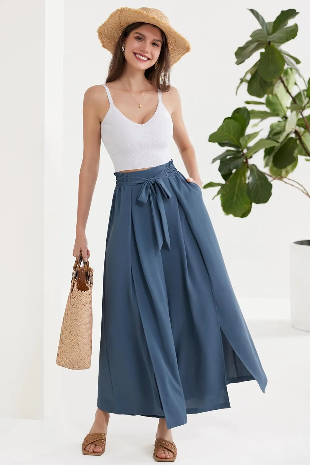 GRACE KARIN Women's Wide Leg Pants with Pockets Lightweight High Waisted Tie Knot Caual Loose Split Flowy Palazzo Trousers