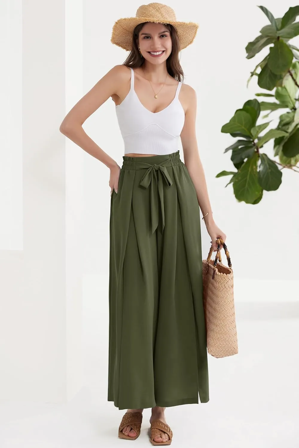 GRACE KARIN Women's Wide Leg Pants with Pockets Lightweight High Waisted Tie Knot Caual Loose Split Flowy Palazzo Trousers