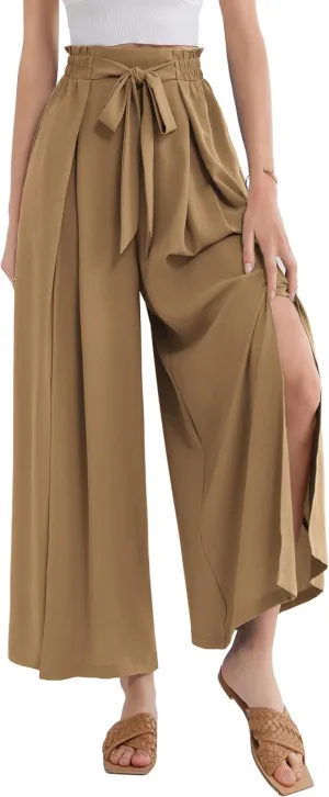 GRACE KARIN Women's Wide Leg Pants with Pockets Lightweight High Waisted Tie Knot Caual Loose Split Flowy Palazzo Trousers