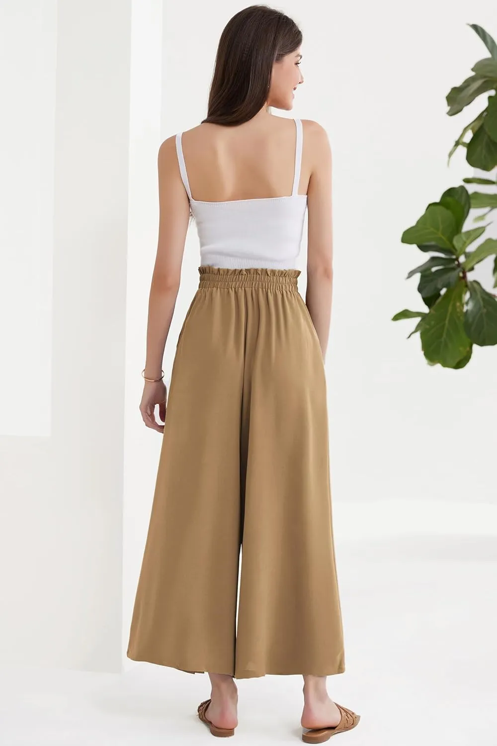 GRACE KARIN Women's Wide Leg Pants with Pockets Lightweight High Waisted Tie Knot Caual Loose Split Flowy Palazzo Trousers