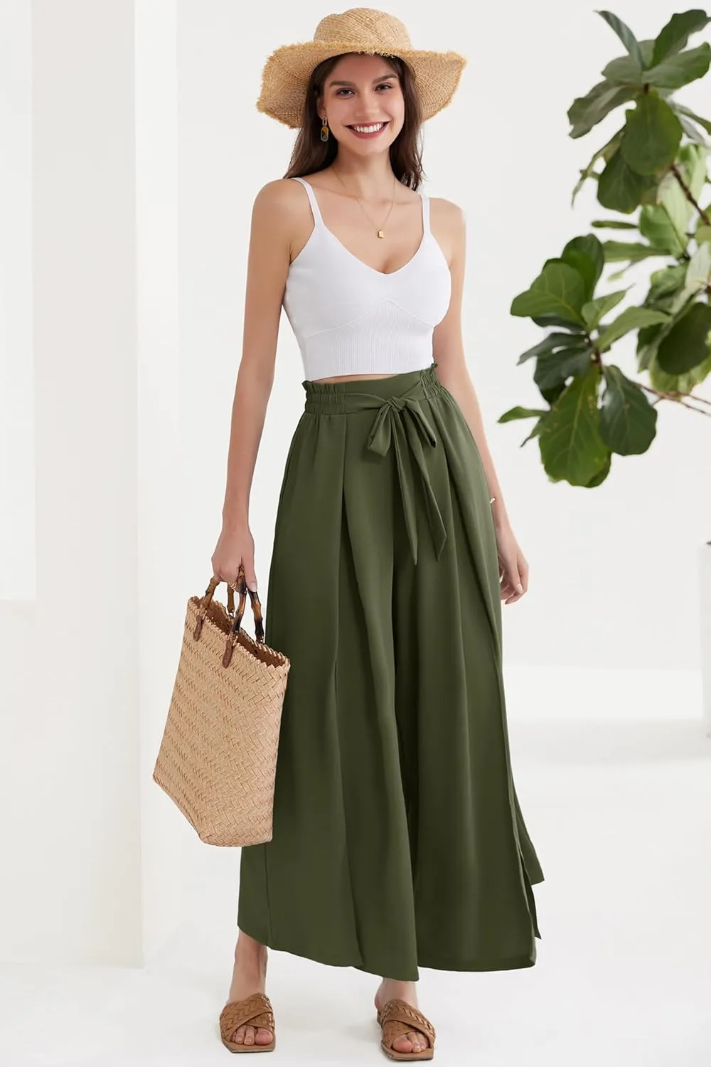 GRACE KARIN Women's Wide Leg Pants with Pockets Lightweight High Waisted Tie Knot Caual Loose Split Flowy Palazzo Trousers