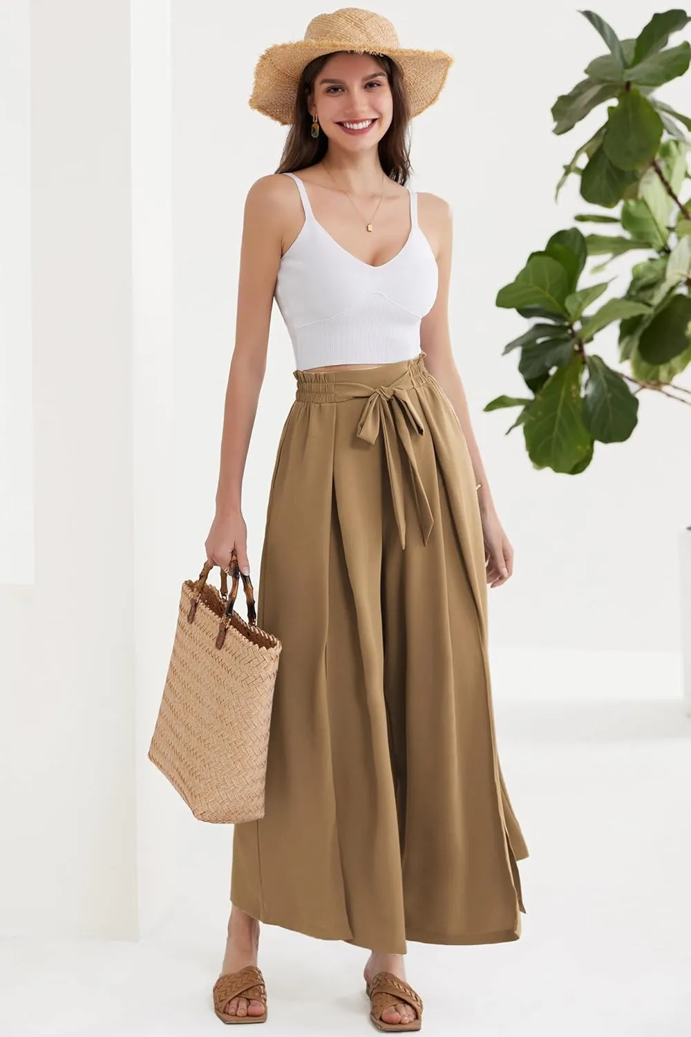 GRACE KARIN Women's Wide Leg Pants with Pockets Lightweight High Waisted Tie Knot Caual Loose Split Flowy Palazzo Trousers