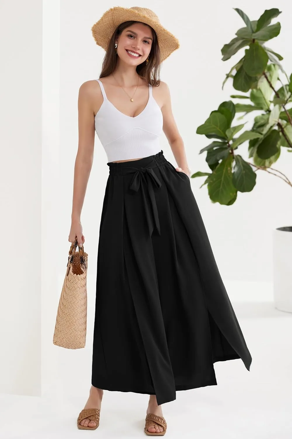 GRACE KARIN Women's Wide Leg Pants with Pockets Lightweight High Waisted Tie Knot Caual Loose Split Flowy Palazzo Trousers