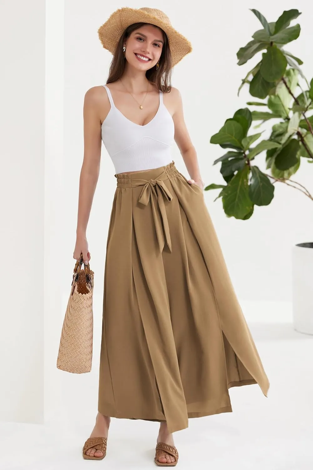 GRACE KARIN Women's Wide Leg Pants with Pockets Lightweight High Waisted Tie Knot Caual Loose Split Flowy Palazzo Trousers