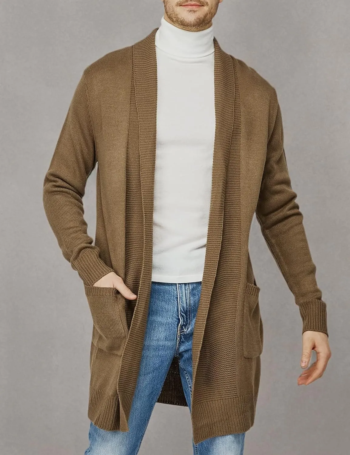 H2H Mens Casual Comfortable Fit Ruffle Shawl Collar Knitted Open Front Long Length Sweater Cardigan
