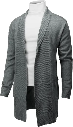H2H Mens Casual Comfortable Fit Ruffle Shawl Collar Knitted Open Front Long Length Sweater Cardigan