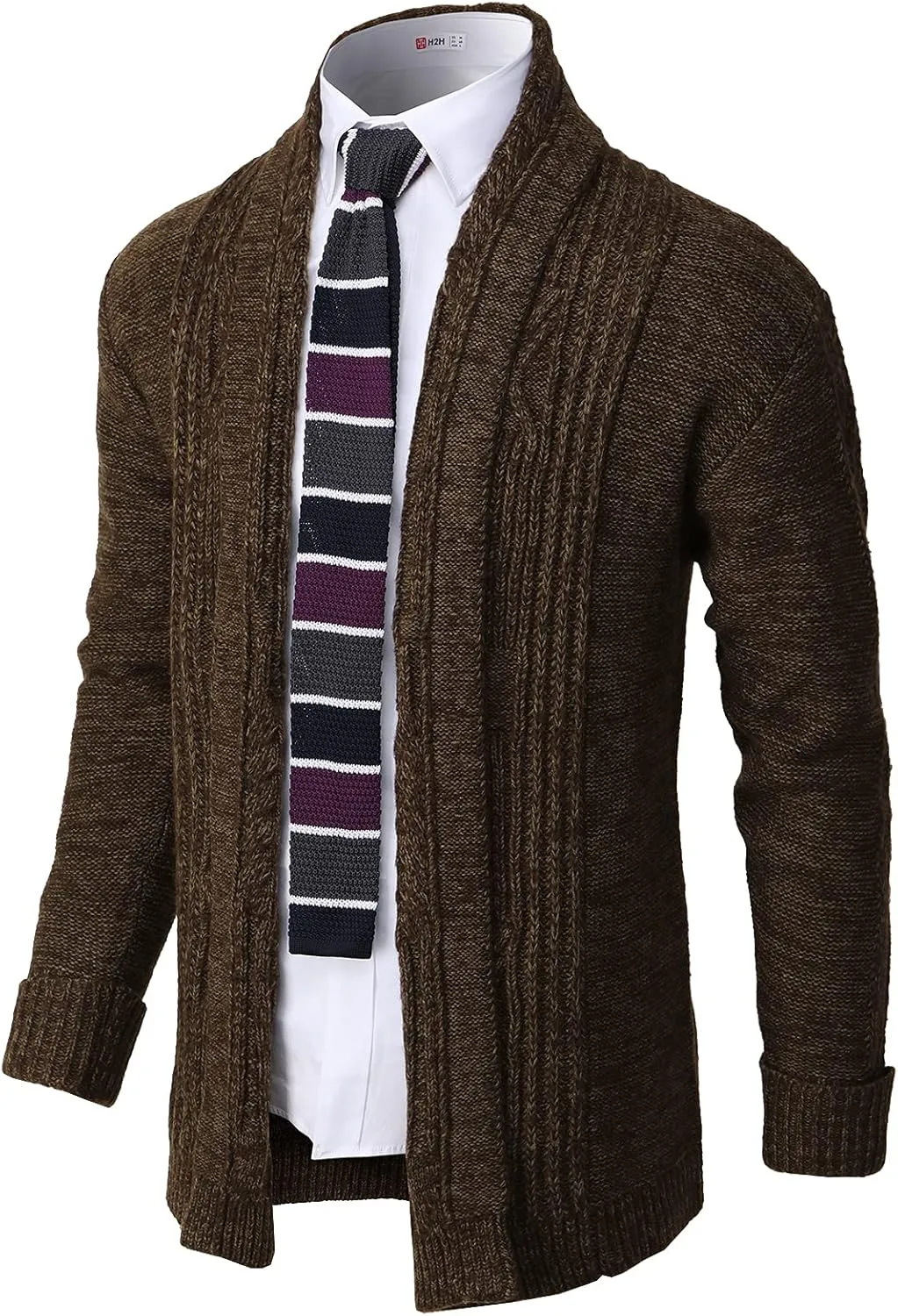 H2H Mens Casual Comfortable Fit Ruffle Shawl Collar Knitted Open Front Long Length Sweater Cardigan