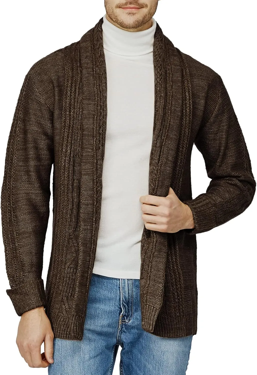 H2H Mens Casual Comfortable Fit Ruffle Shawl Collar Knitted Open Front Long Length Sweater Cardigan