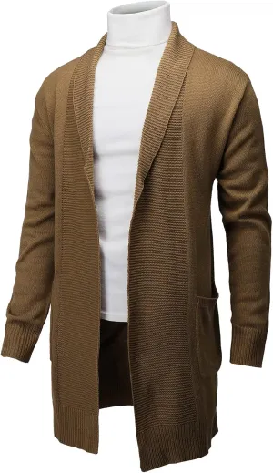 H2H Mens Casual Comfortable Fit Ruffle Shawl Collar Knitted Open Front Long Length Sweater Cardigan