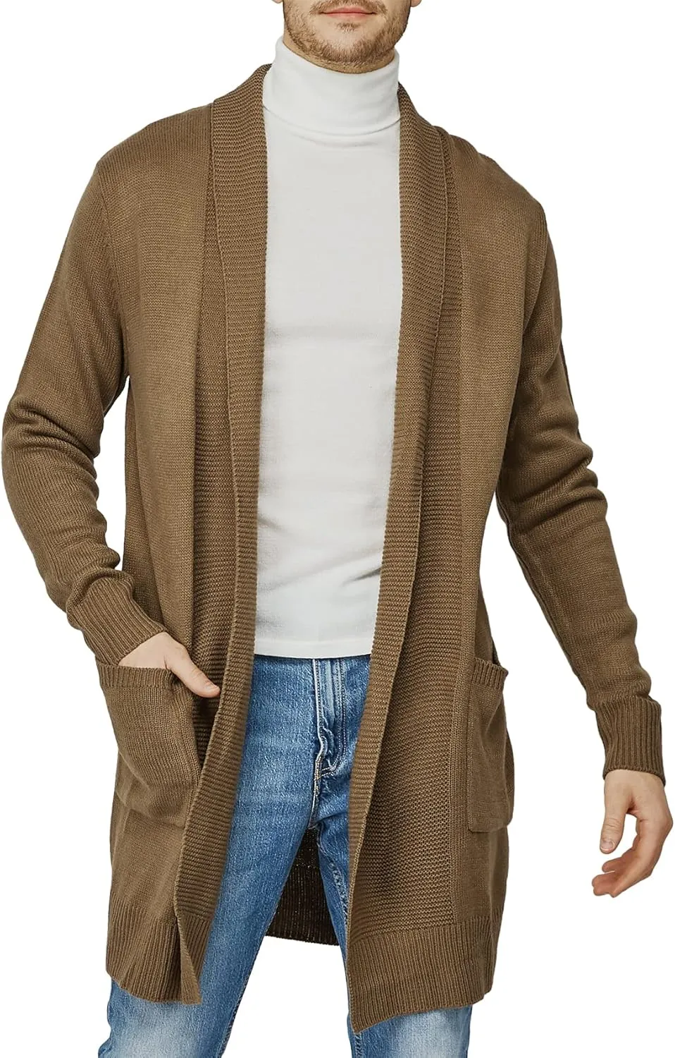 H2H Mens Casual Comfortable Fit Ruffle Shawl Collar Knitted Open Front Long Length Sweater Cardigan